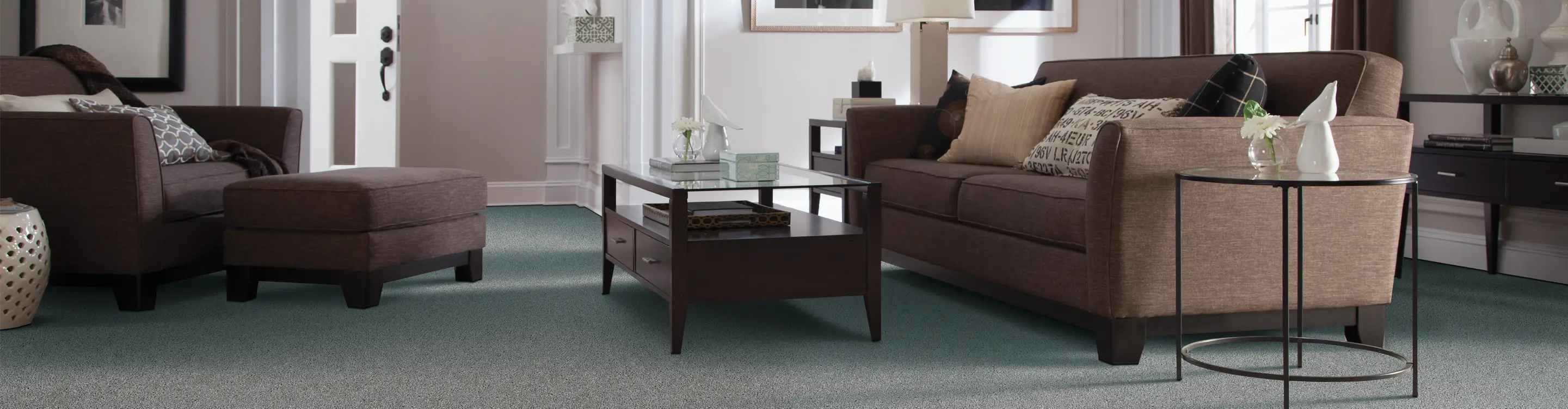 gray carpet with brown furniture